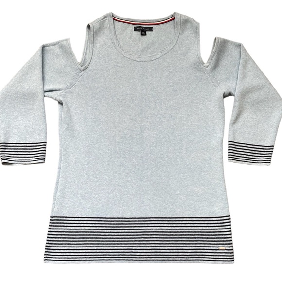 Tommy Hilfiger Cold Shoulder Striped Baby Blue Sweater (size L) - Picture 1 of 8